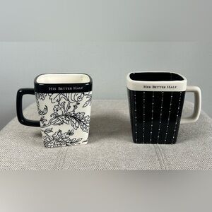 Set of 2 Hallmark Mugs His and Her Better Half Square Black & White Patterned 4"